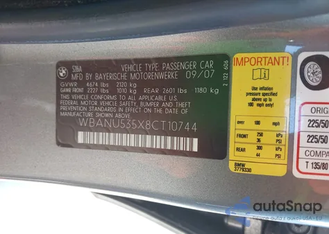 2008 BMW 528I from USA, damaged, VIN WBANU535X8CT10744